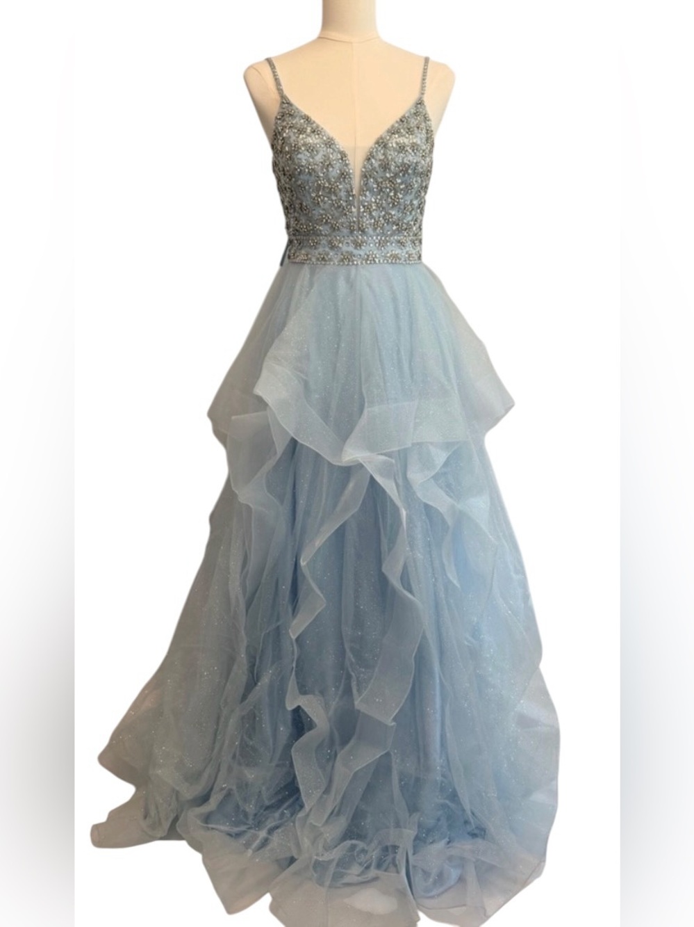 Jovani Light Blue Beaded Tulle Prom Dress